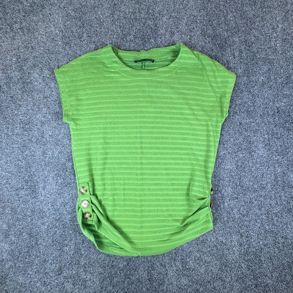 Fred David Sweater Womens Small Green Stretch Tight Knit Ruched Side Crew Neck